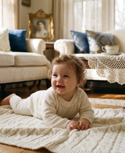 Baby Girl in a sun-flooded living room with cream upholstery and sapphire accents — 200+ Russian Baby Girl Names That Are Beautifully Underrated