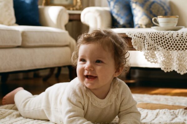 Baby Girl in a sun-flooded living room with cream upholstery and sapphire accents — 200+ Russian Baby Girl Names That Are Beautifully Underrated