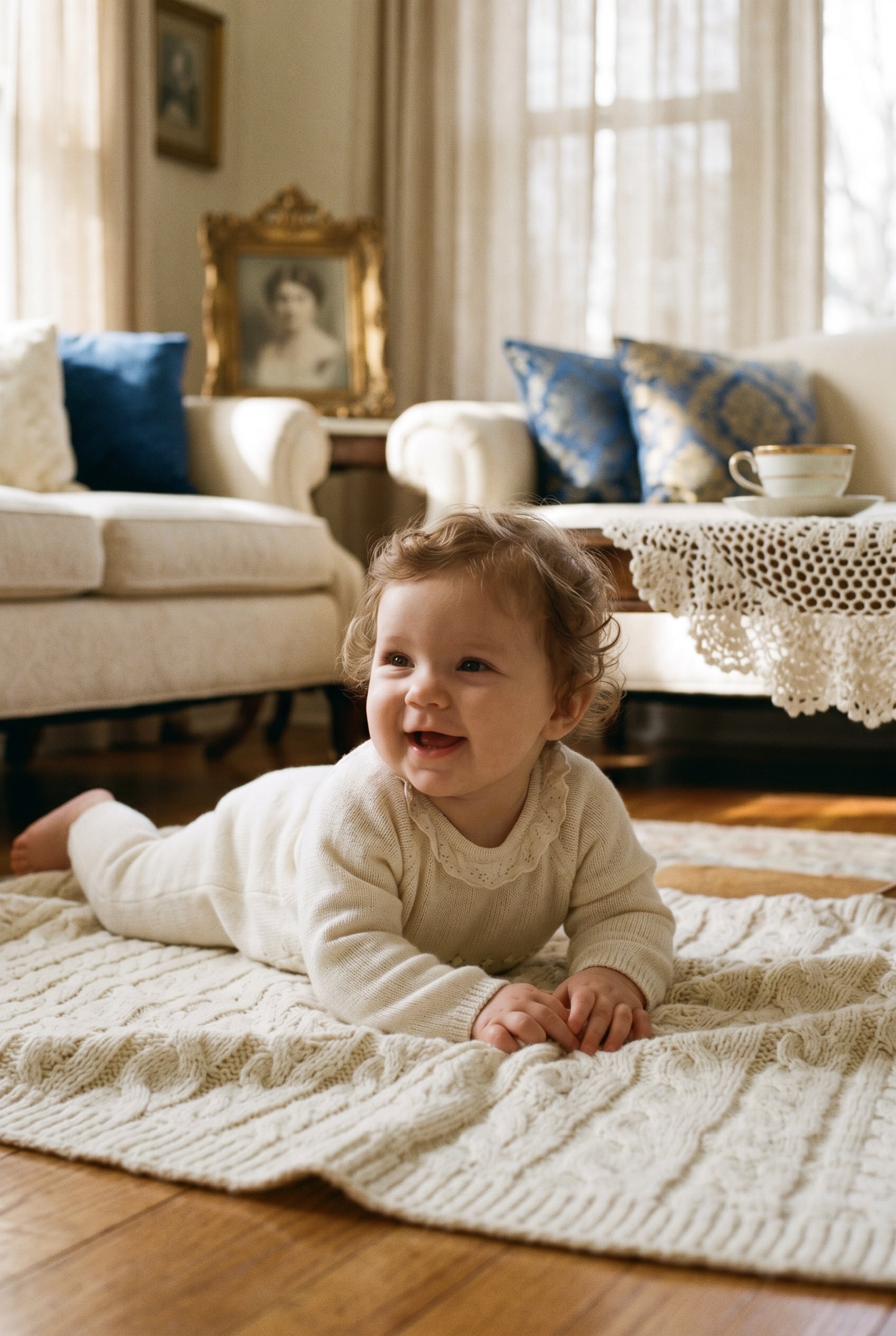 Baby Girl in a sun-flooded living room with cream upholstery and sapphire accents — 200+ Russian Baby Girl Names That Are Beautifully Underrated