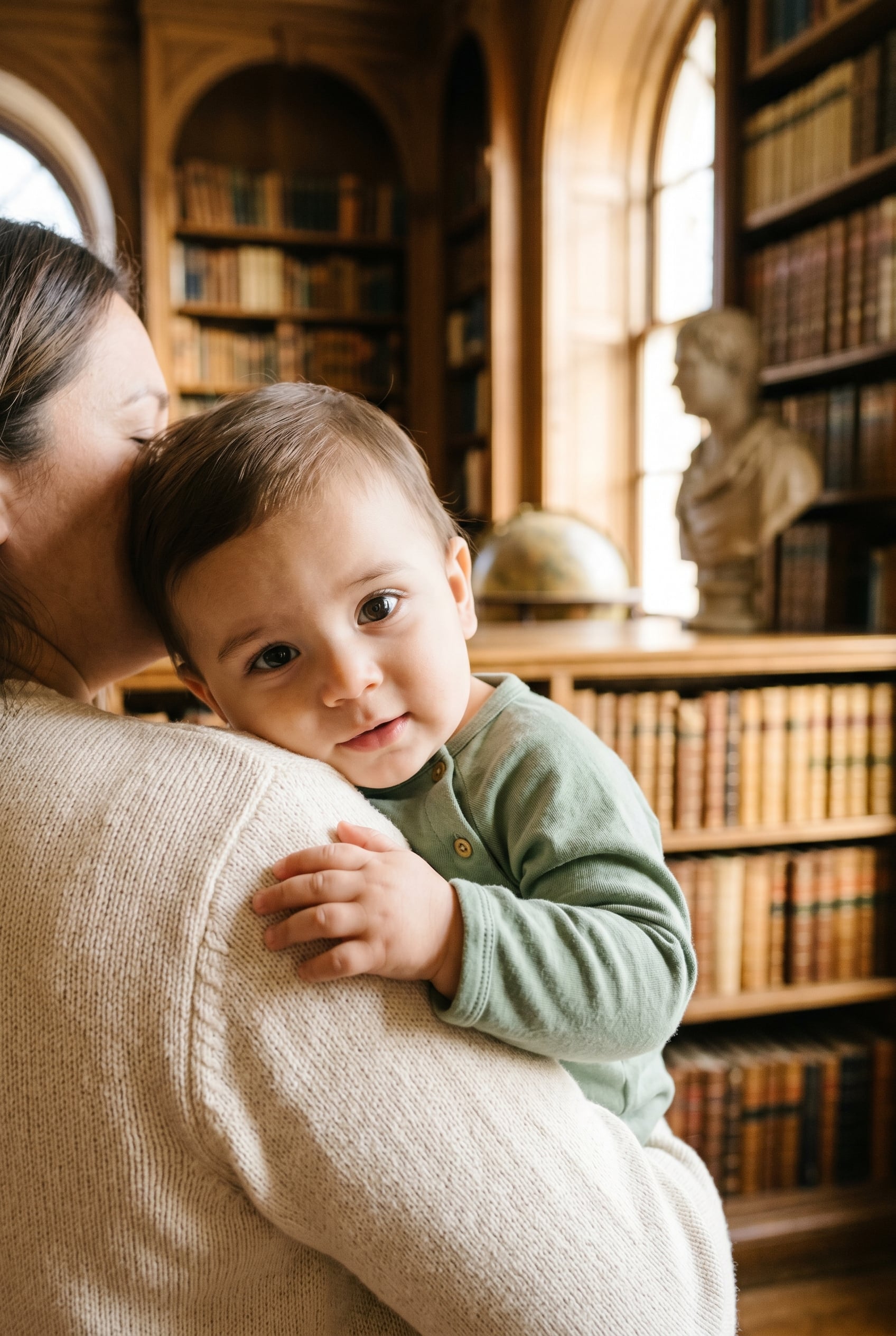 Baby Boy in a sunlit library with tall arched windows and wooden shelves — 200+ Saint Names for Boys — Faithful, Timeless, and Surprisingly Cool