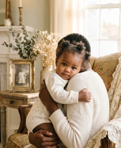 Baby Girl in a sun-filled living room with heirloom furniture and soft lace — 200+ Saint Names for Girls — Classic Faith, Timeless Beauty