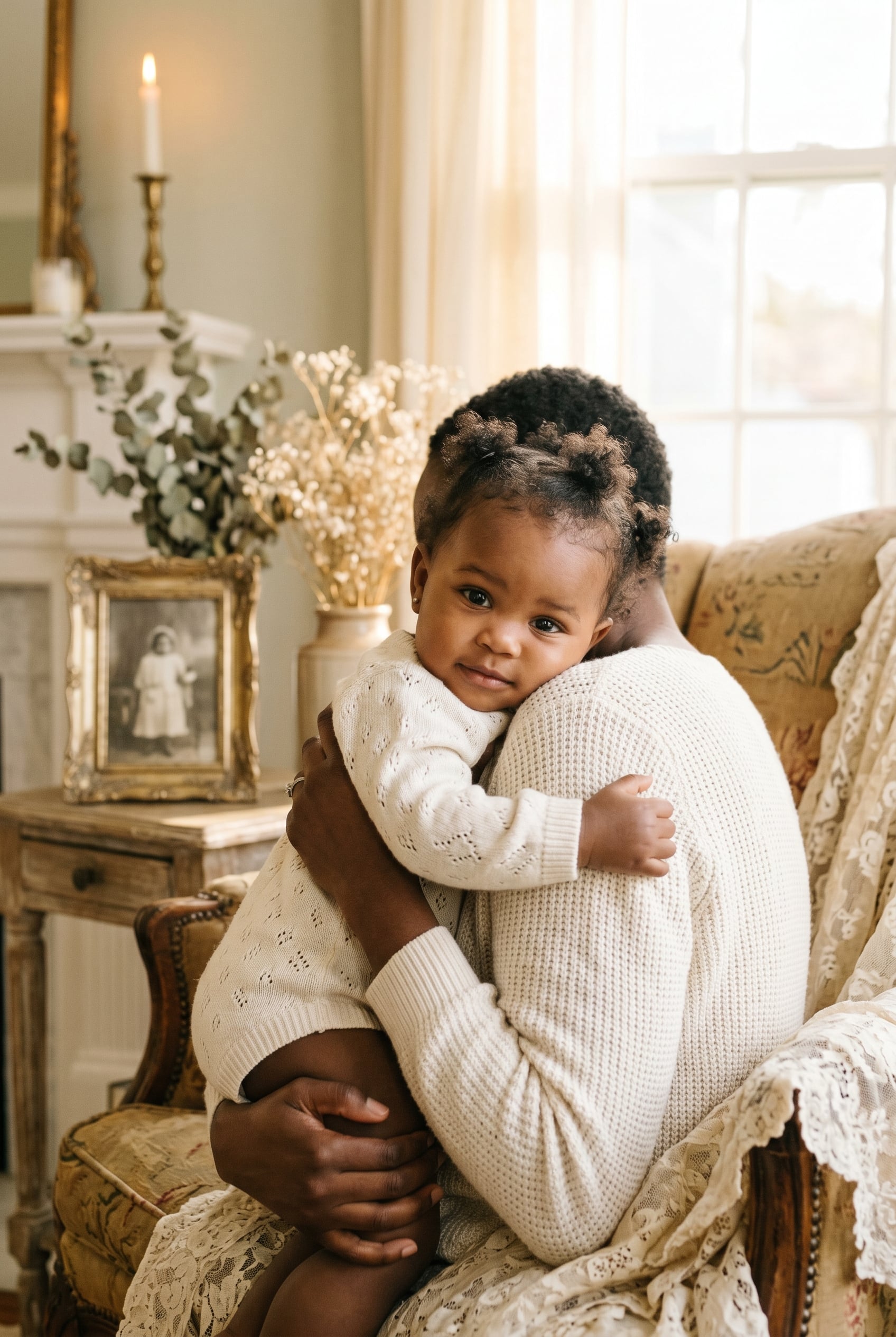 Baby Girl in a sun-filled living room with heirloom furniture and soft lace — 200+ Saint Names for Girls — Classic Faith, Timeless Beauty