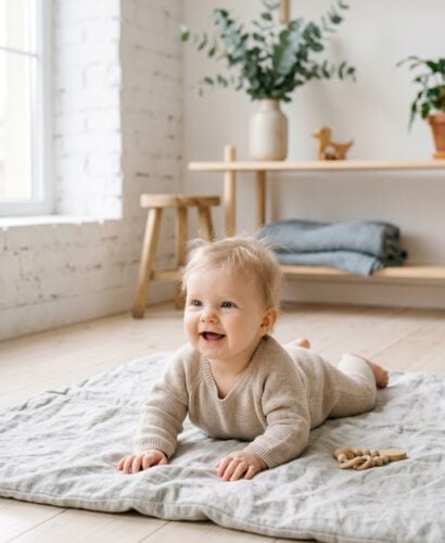 Baby Girl in a bright Nordic studio with white walls and pale wood elements — 200+ Scandinavian Baby Girl Names That Are Beautifully Strong