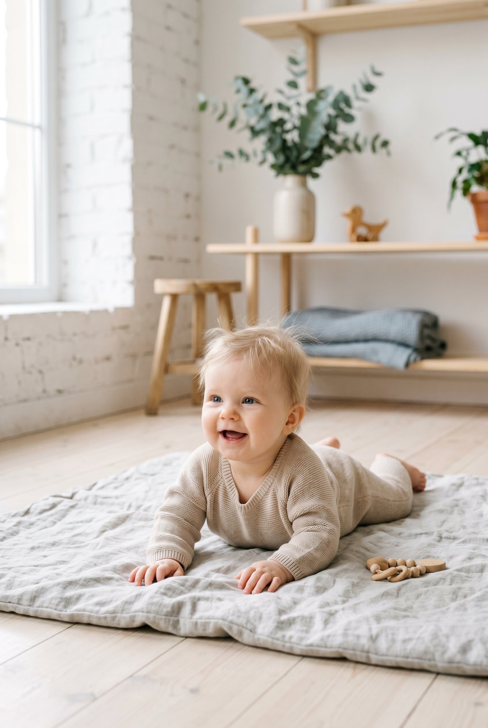 Baby Girl in a bright Nordic studio with white walls and pale wood elements — 200+ Scandinavian Baby Girl Names That Are Beautifully Strong