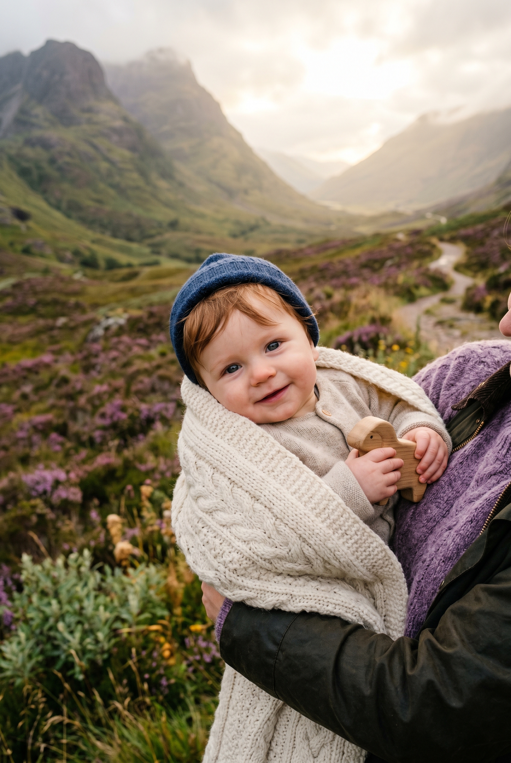 Baby Boy in a misty Scottish highland valley dotted with native purple heather — 200+ Scottish Baby Boy Names With Rugged Celtic Character