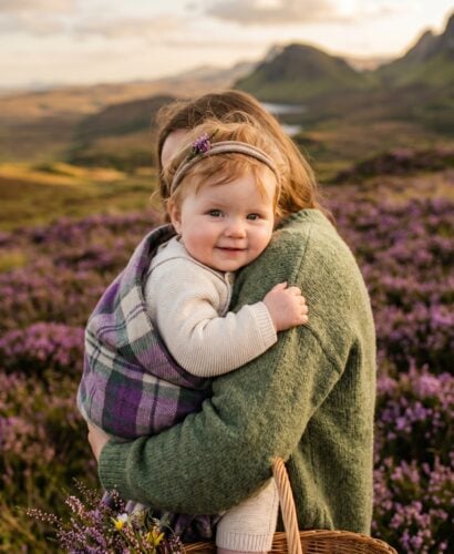 Baby Girl in an open Scottish moorland with purple heather, soft golden light — 200+ Scottish Baby Girl Names Full of Highland Magic