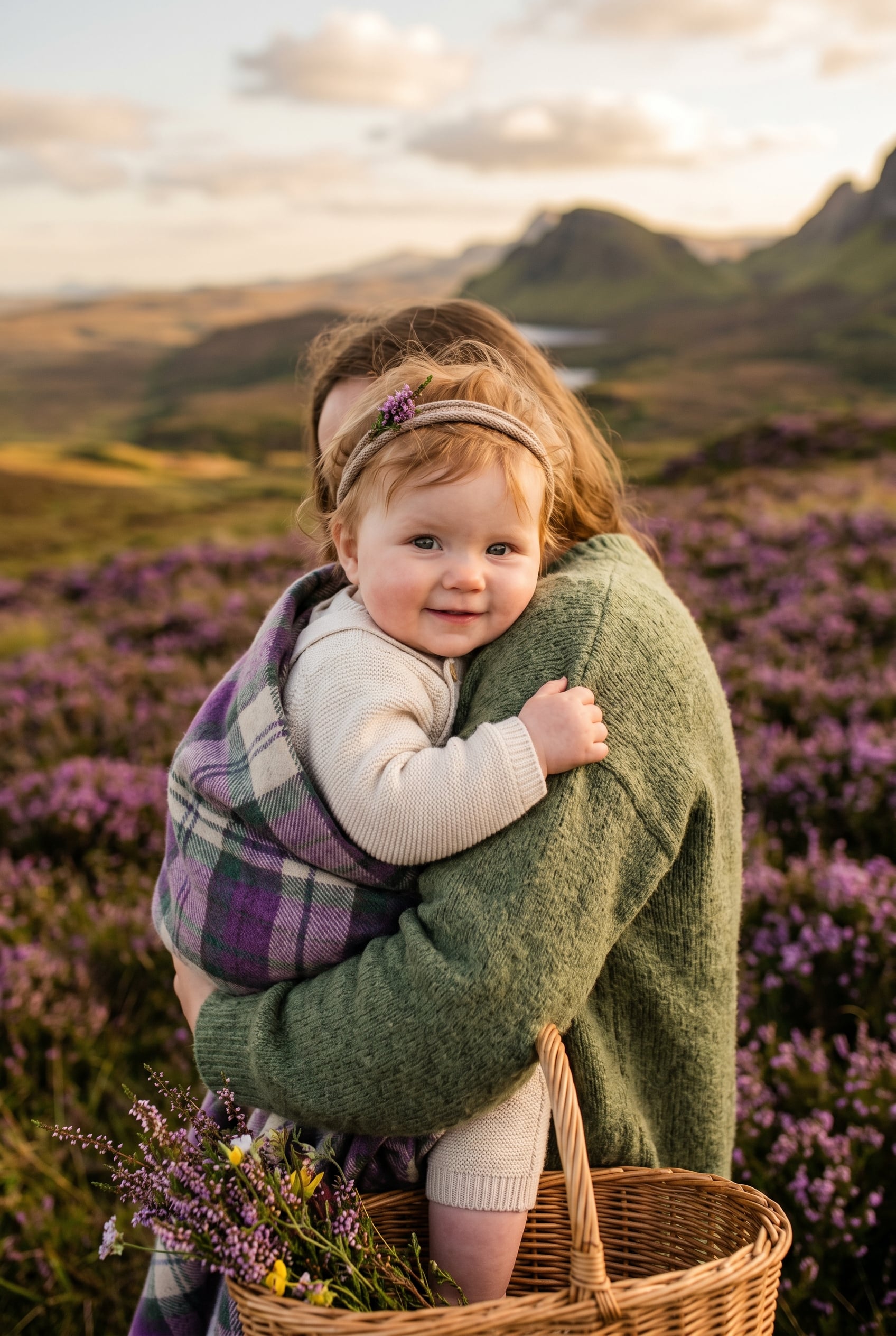 Baby Girl in an open Scottish moorland with purple heather, soft golden light — 200+ Scottish Baby Girl Names Full of Highland Magic