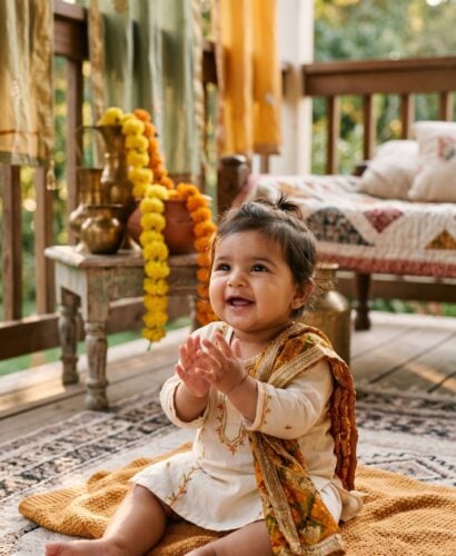 Baby in a golden-hour porch with traditional Punjabi textiles and marigolds — Sikh Baby Names Rooted in Punjabi Heritage
