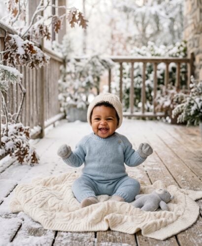 Baby in a snow-dusted outdoor porch with soft morning light — Snow Baby Names Soft as First Snowfall
