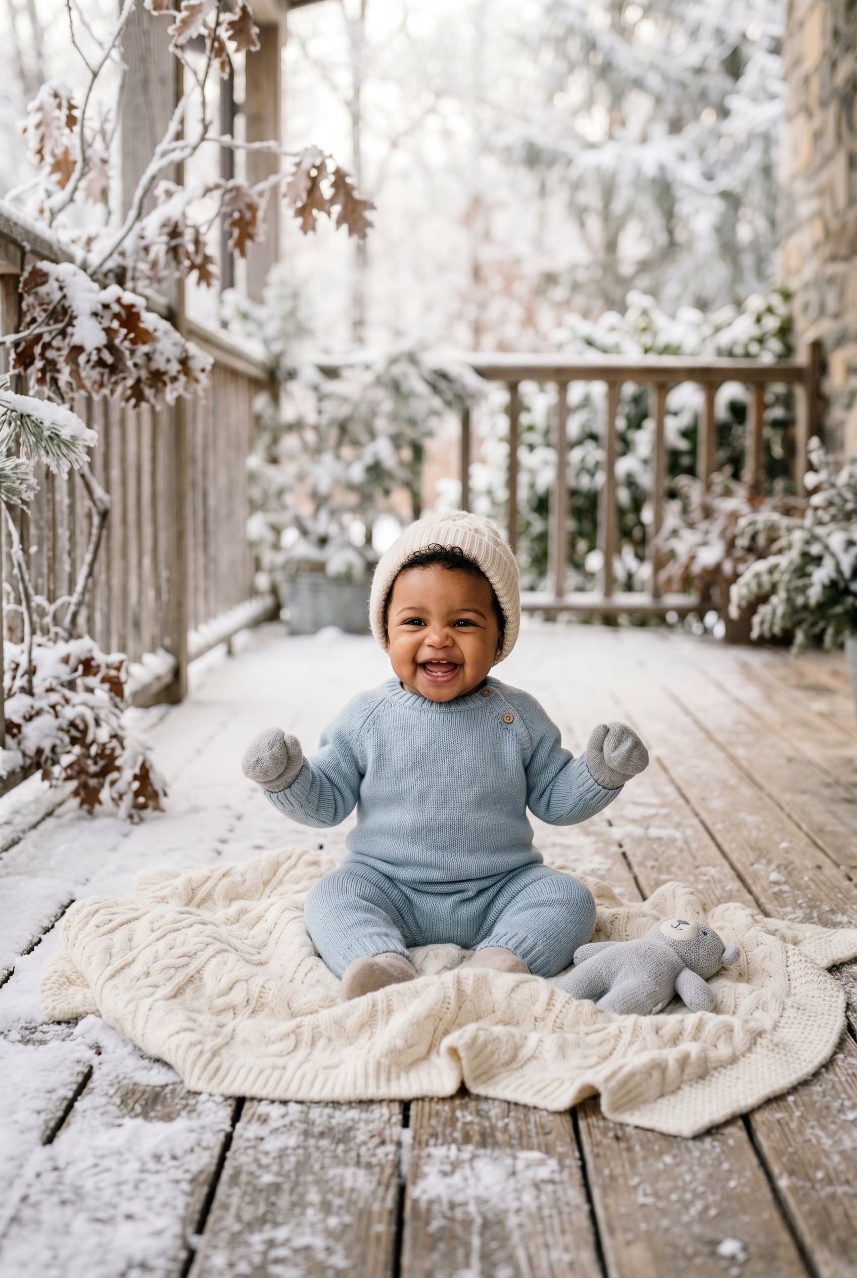 Baby in a snow-dusted outdoor porch with soft morning light — Snow Baby Names Soft as First Snowfall