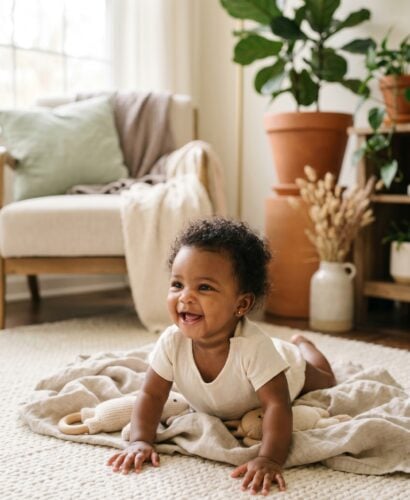 Baby Girl in a bright living room corner with soft daylight and plants — Soft Feminine Girl Names With Quiet Beauty