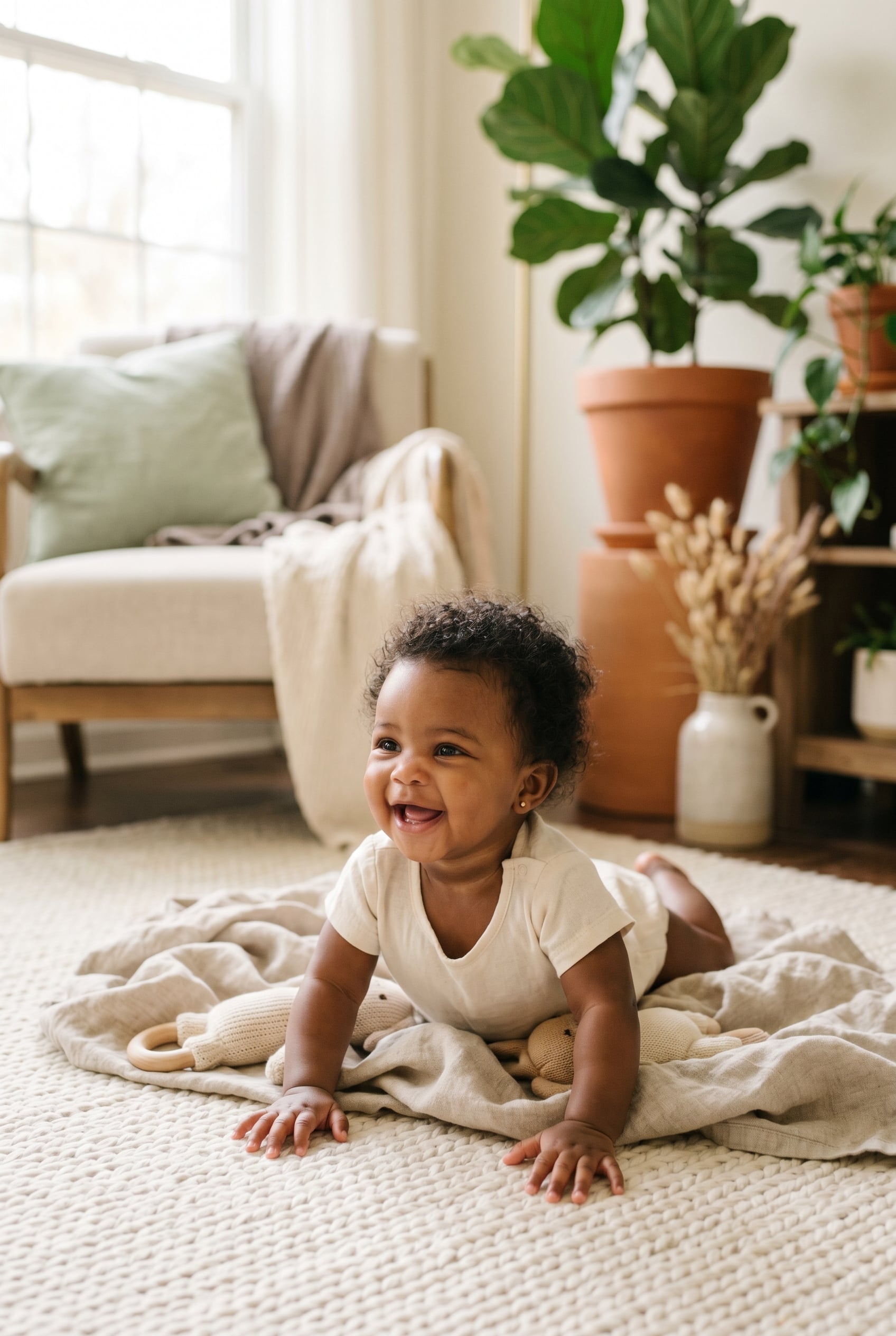 Baby Girl in a bright living room corner with soft daylight and plants — Soft Feminine Girl Names With Quiet Beauty