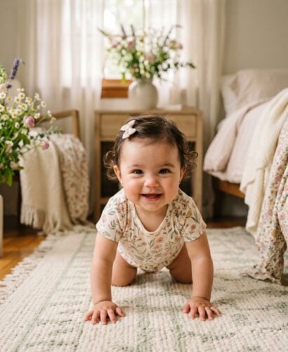 Baby Girl in a sunlit bedroom with sheer drapes and wildflowers — 200+ Soft Girl Names With Gentle, Dreamy Feminine Energy