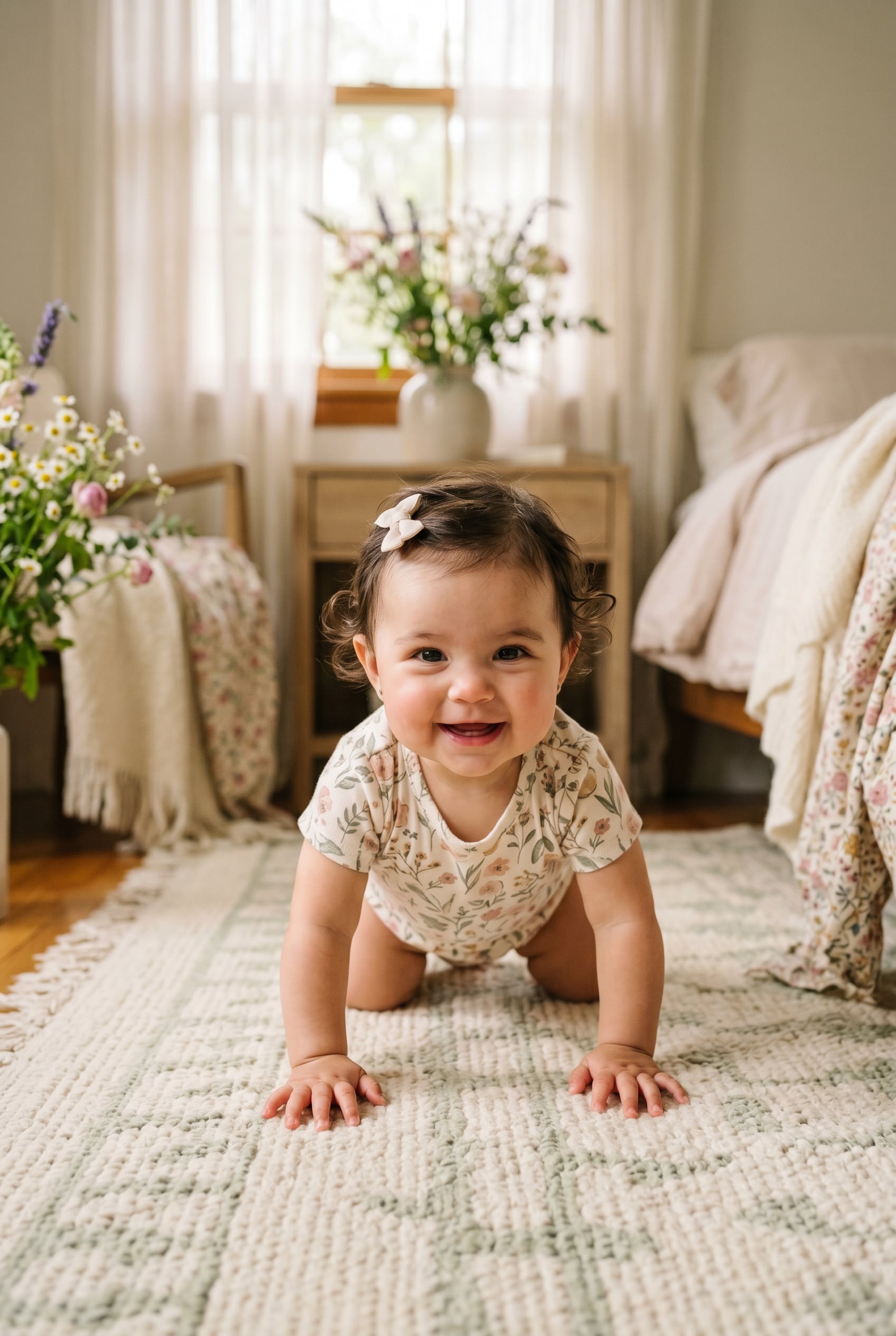 Baby Girl in a sunlit bedroom with sheer drapes and wildflowers — 200+ Soft Girl Names With Gentle, Dreamy Feminine Energy