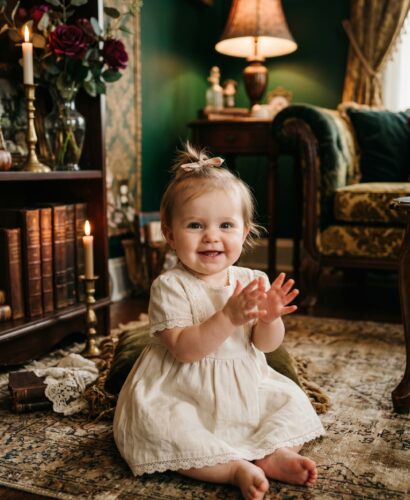 Baby Girl in a moody parlor with deep jewel-tones and ornate vintage furnishings — 200+ Southern Gothic Baby Names With Dark Charm and Romance
