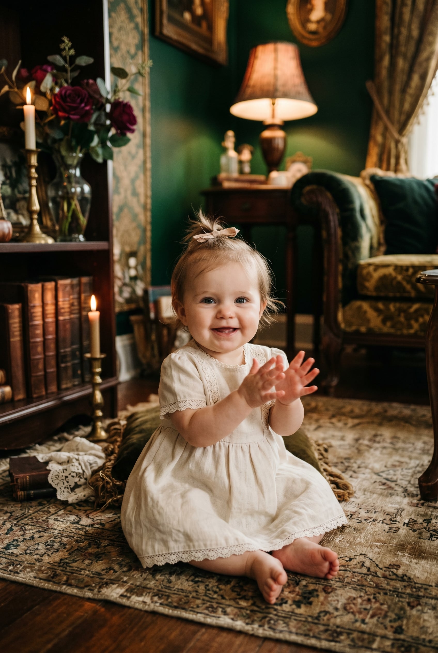 Baby Girl in a moody parlor with deep jewel-tones and ornate vintage furnishings — 200+ Southern Gothic Baby Names With Dark Charm and Romance
