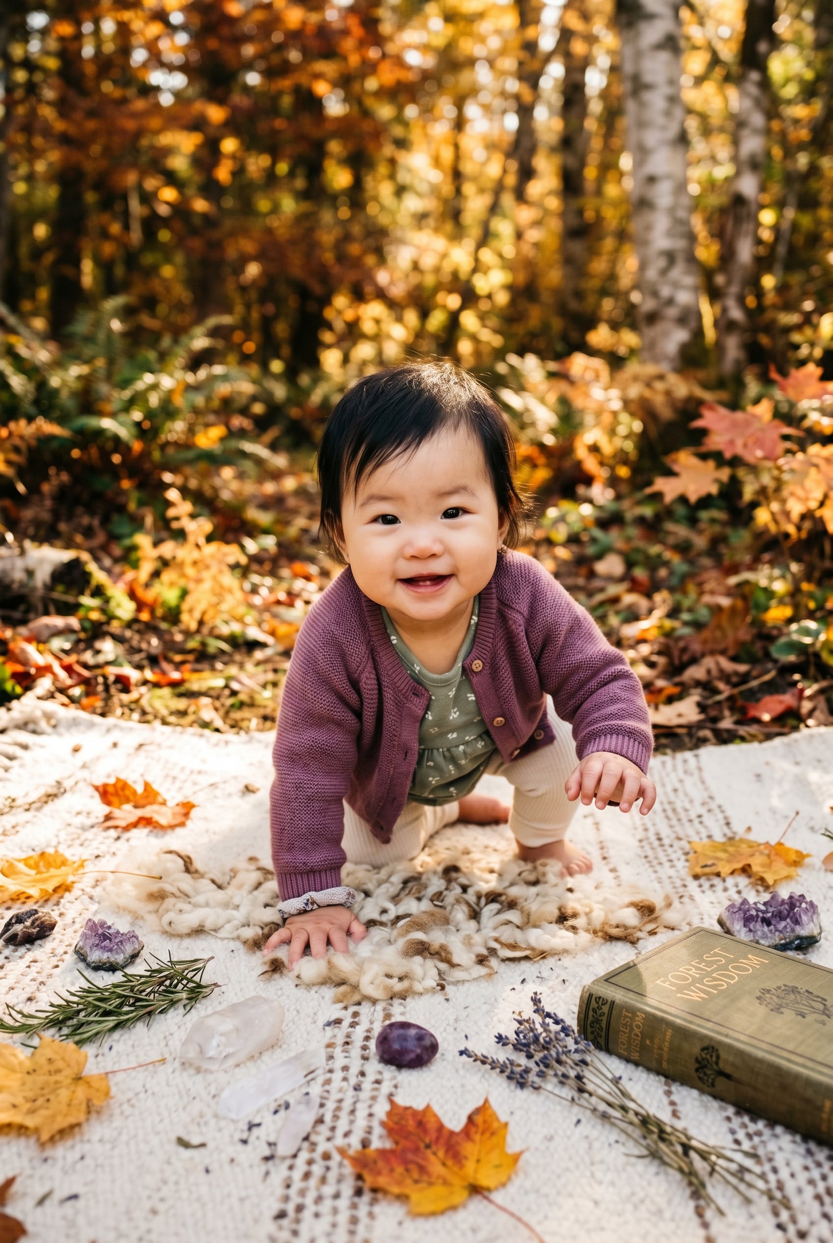 Baby in A sun-dappled forest clearing surrounded by golden autumn foliage — Spellbound Baby Names for Witchy Parents