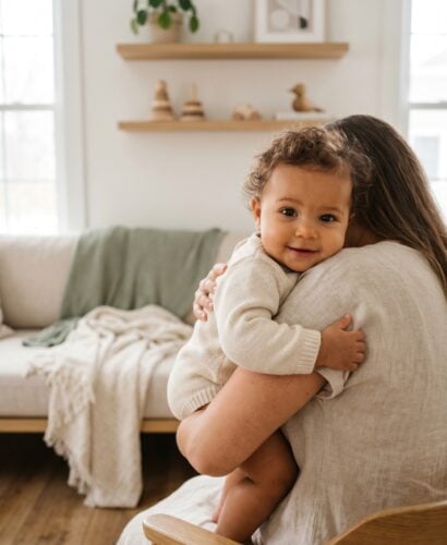 Baby in a light-filled Scandinavian room with modern lines and natural wood — Trending Baby Names of 2026 So Far