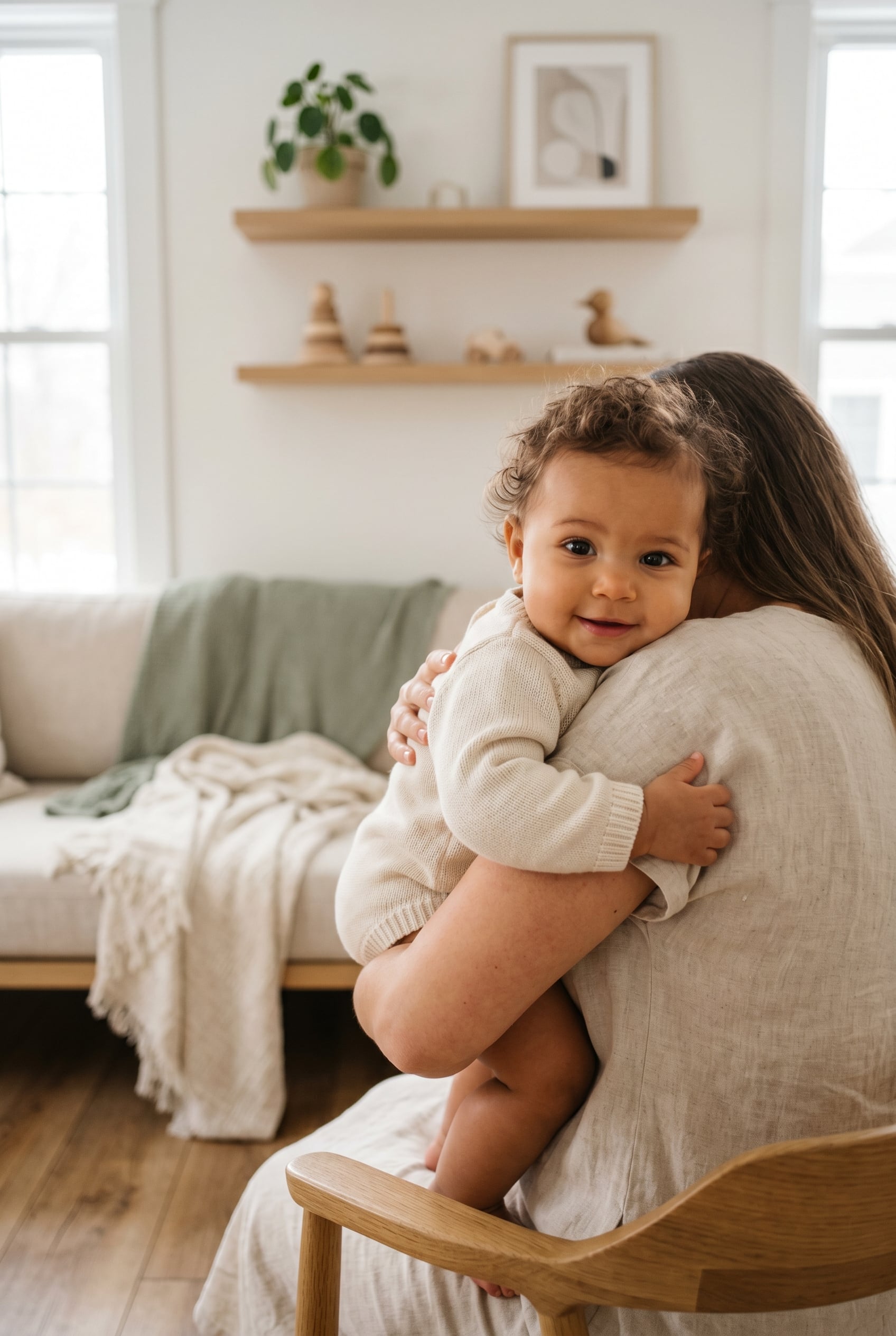 Baby in a light-filled Scandinavian room with modern lines and natural wood — Trending Baby Names of 2026 So Far