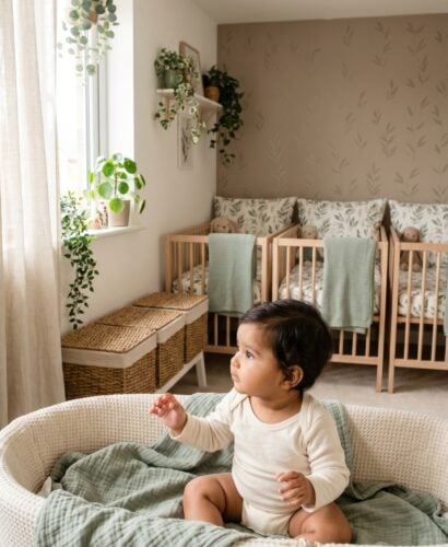 Baby in a bright nursery with three coordinated cribs and botanical accents — Triplet Baby Names With Coordinated Charm