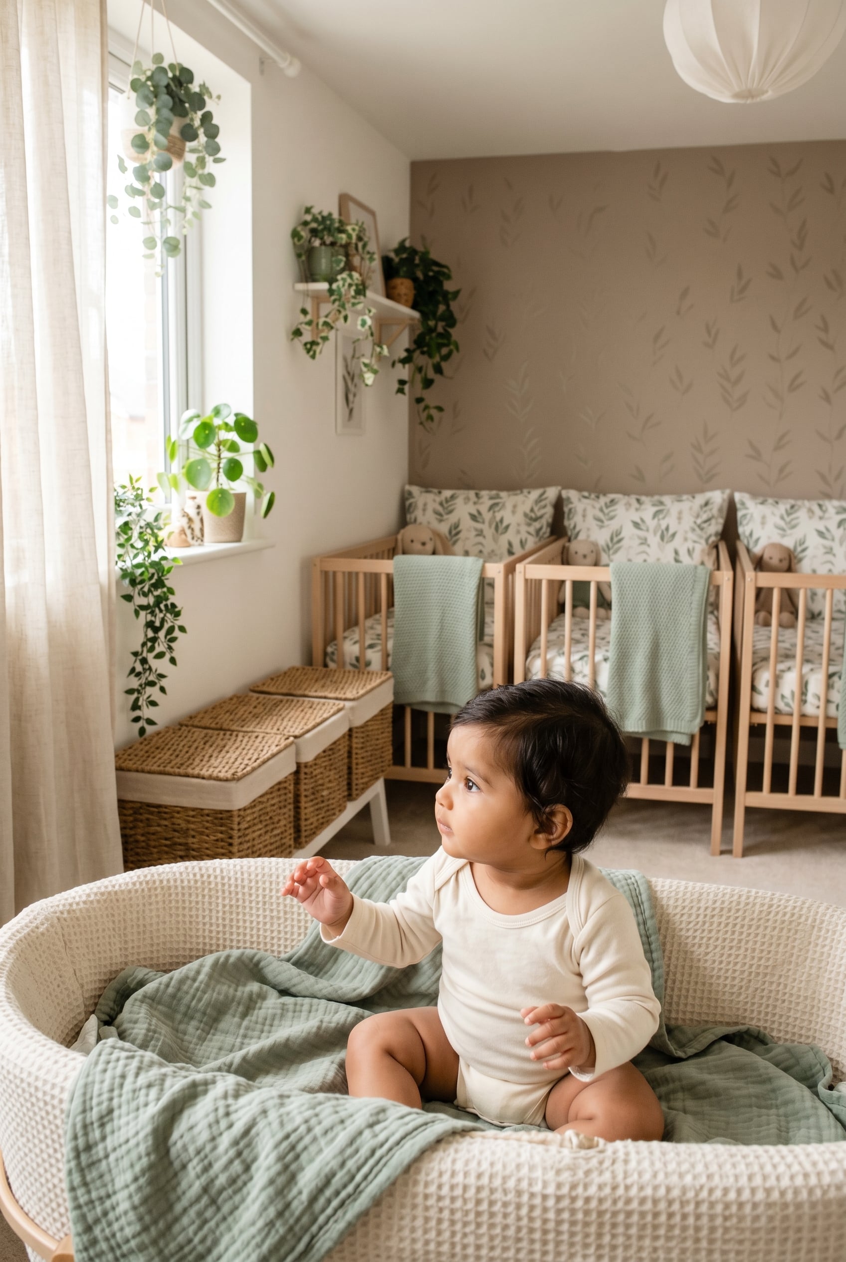 Baby in a bright nursery with three coordinated cribs and botanical accents — Triplet Baby Names With Coordinated Charm
