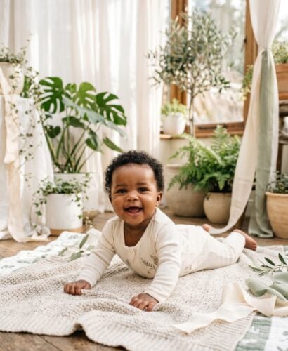 Baby Girl in a sun-filled conservatory with flowing white fabrics and plants — Two Syllable Girl Names That Flow