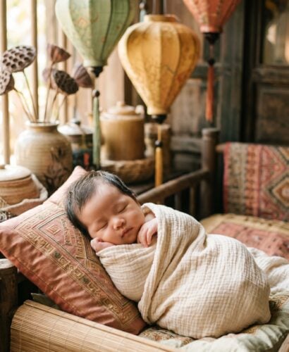 Baby Girl in a sun-lit corner with hanging Vietnamese silk lanterns and textiles — 200+ Vietnamese Baby Names That Are Musical and Meaningful