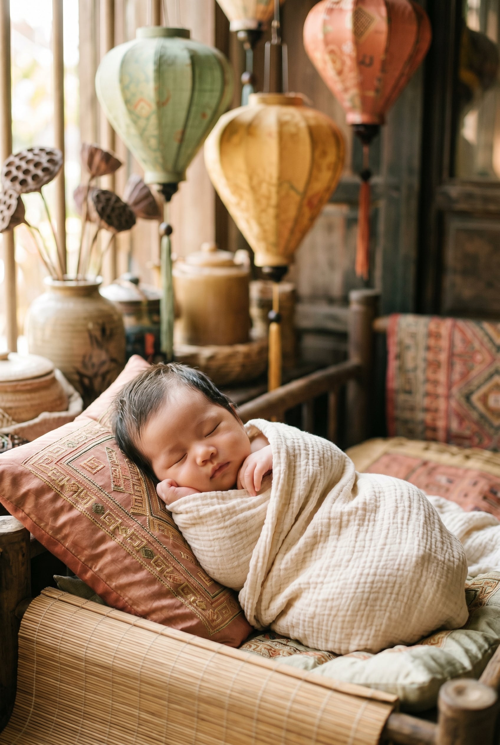 Baby Girl in a sun-lit corner with hanging Vietnamese silk lanterns and textiles — 200+ Vietnamese Baby Names That Are Musical and Meaningful