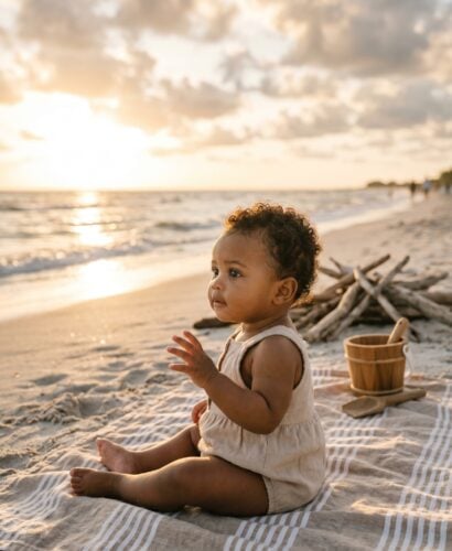 Baby Girl in a sunlit beach with gentle waves and dramatic clouds — 200+ Weather Baby Names for Your Little Force of Nature