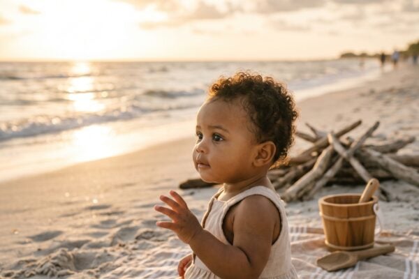 Baby Girl in a sunlit beach with gentle waves and dramatic clouds — 200+ Weather Baby Names for Your Little Force of Nature