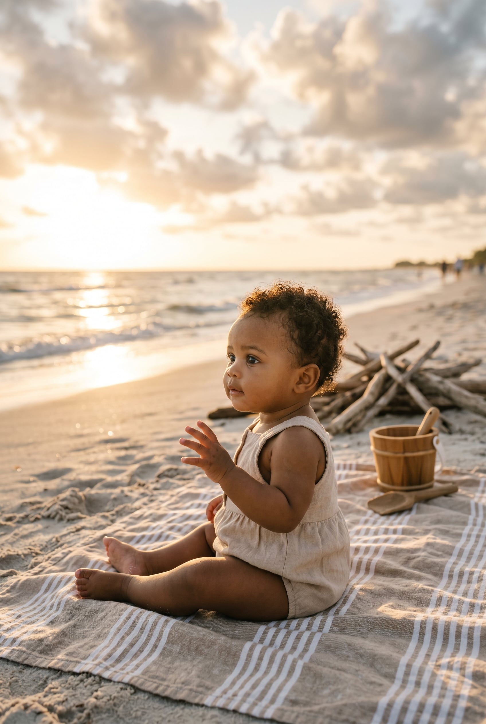 Baby Girl in a sunlit beach with gentle waves and dramatic clouds — 200+ Weather Baby Names for Your Little Force of Nature