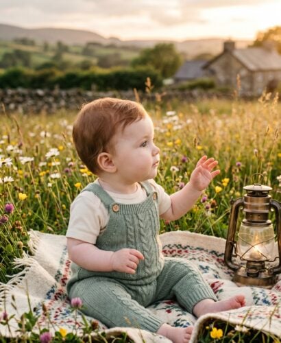 Baby Girl in a wildflower meadow with soft rolling hills beyond — 200+ Welsh Baby Girl Names That Sound Unlike Anything Else