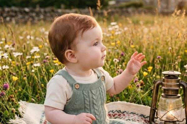 Baby Girl in a wildflower meadow with soft rolling hills beyond — 200+ Welsh Baby Girl Names That Sound Unlike Anything Else