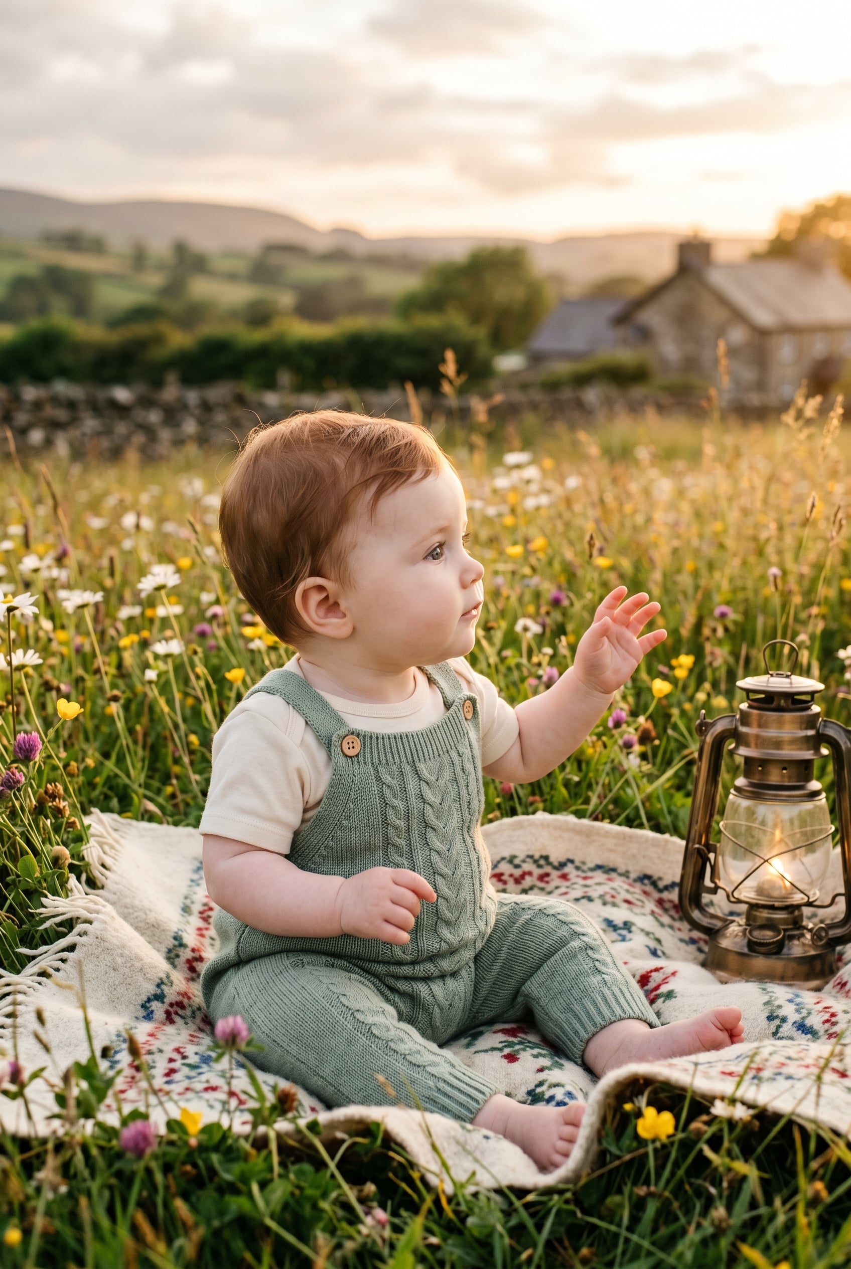 Baby Girl in a wildflower meadow with soft rolling hills beyond — 200+ Welsh Baby Girl Names That Sound Unlike Anything Else
