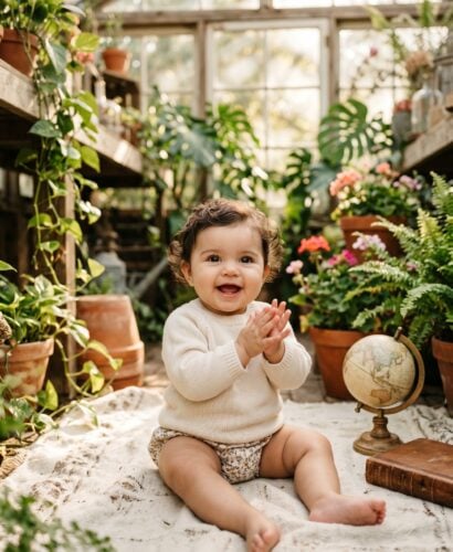 Baby in a sunlit greenhouse with trailing plants and botanical curiosities — Whimsical Baby Names Full of Wonder