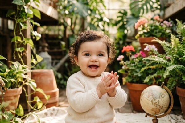 Baby in a sunlit greenhouse with trailing plants and botanical curiosities — Whimsical Baby Names Full of Wonder