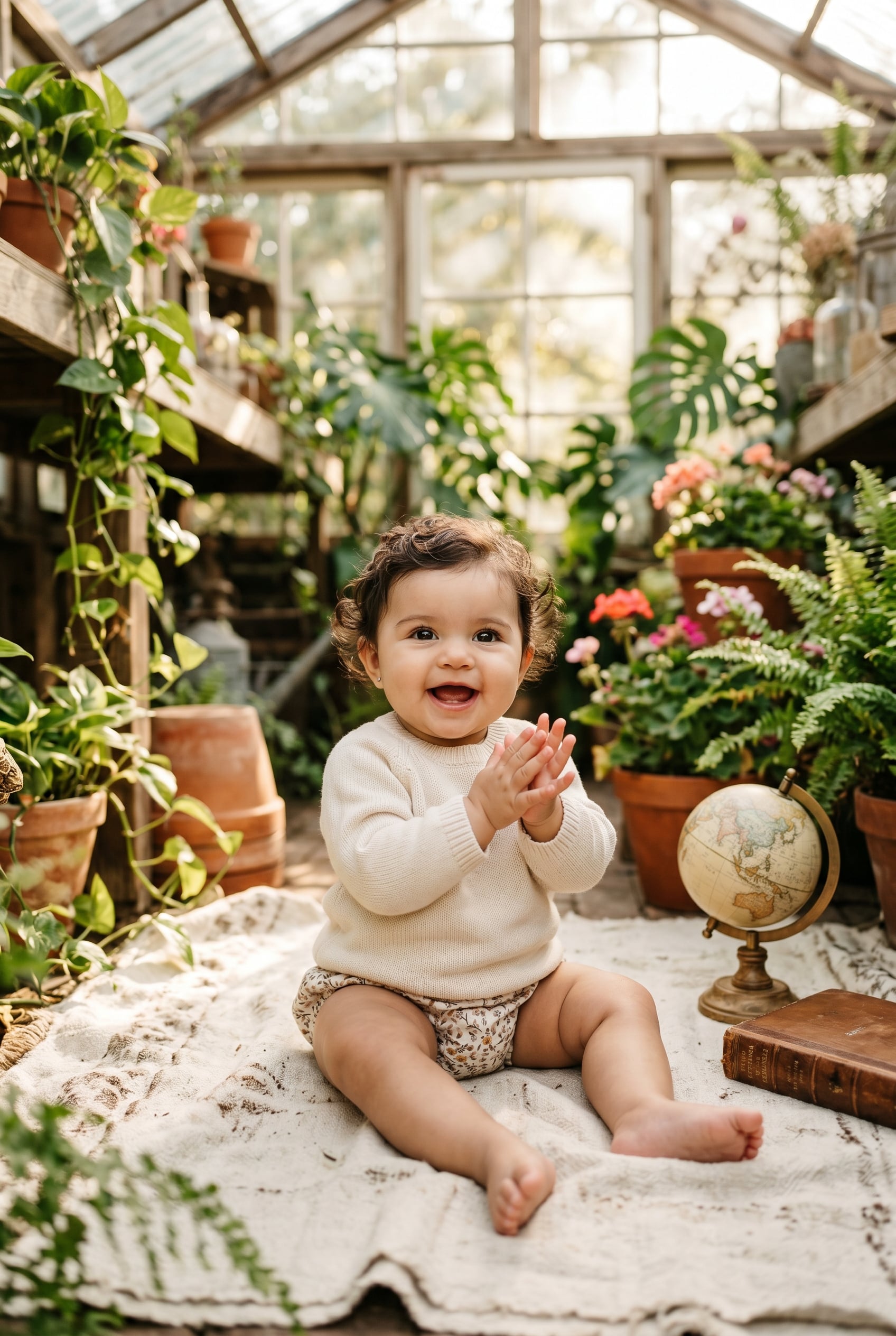 Baby in a sunlit greenhouse with trailing plants and botanical curiosities — Whimsical Baby Names Full of Wonder