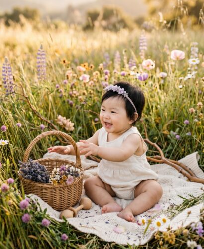 Baby Girl in a wildflower meadow with tall native grasses — 200+ Wildflower Baby Names for Girls as Free-Spirited as They Sound