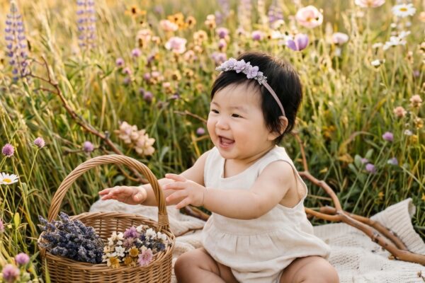 Baby Girl in a wildflower meadow with tall native grasses — 200+ Wildflower Baby Names for Girls as Free-Spirited as They Sound