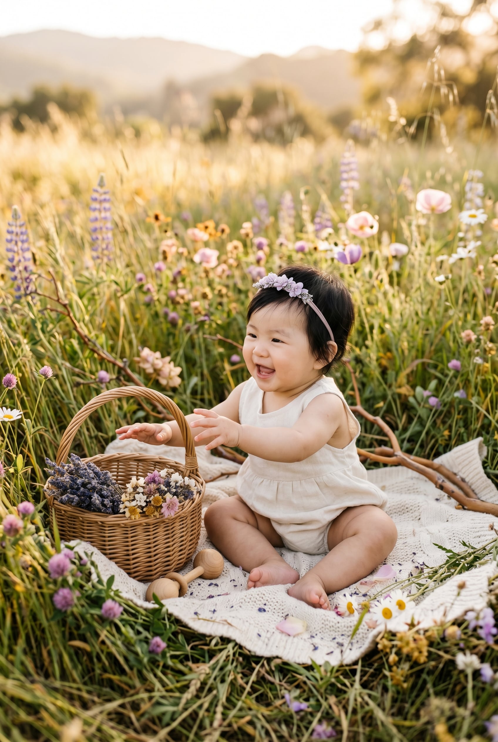 Baby Girl in a wildflower meadow with tall native grasses — 200+ Wildflower Baby Names for Girls as Free-Spirited as They Sound