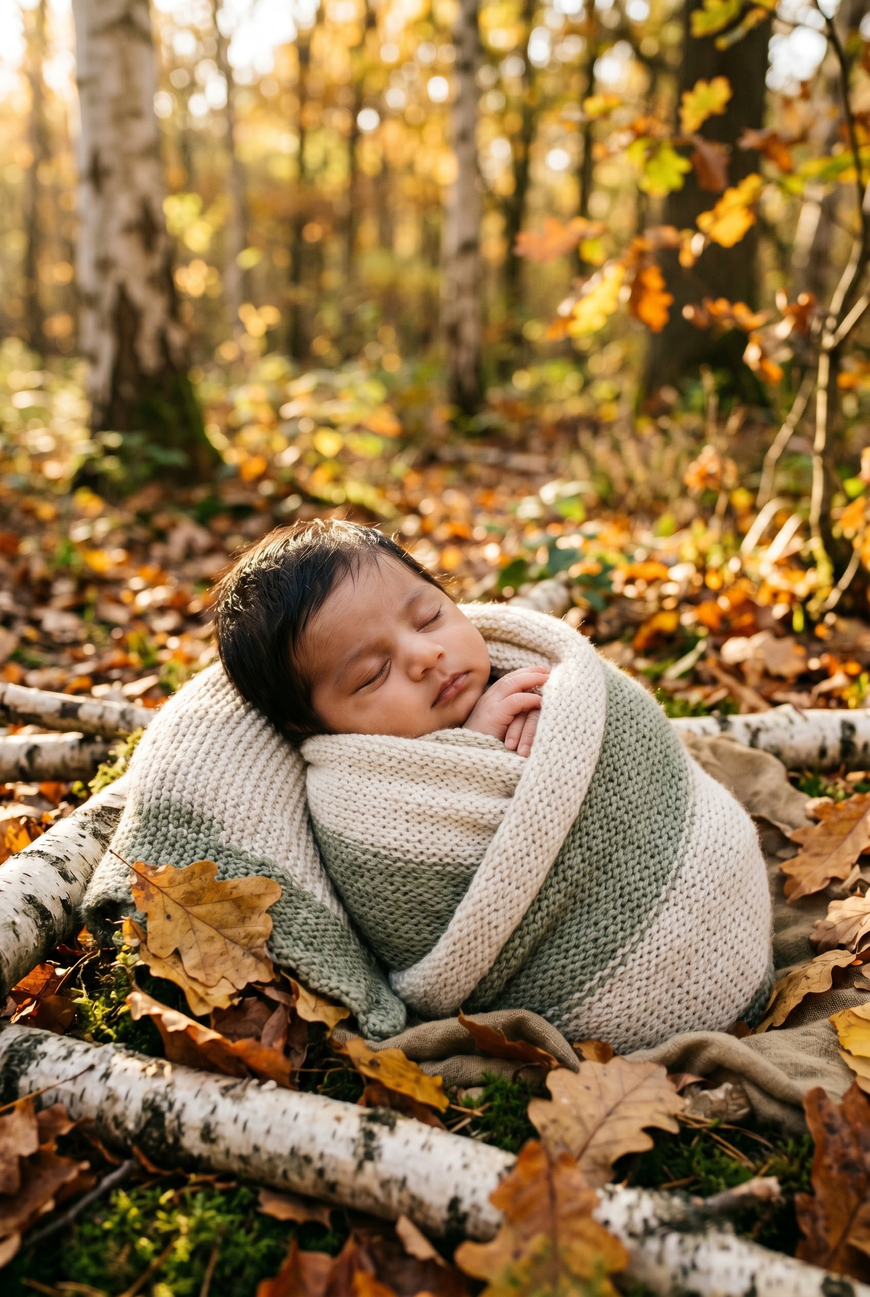 Baby in A forest edge with dappled golden light and autumn foliage — Wildwood Baby Names That Feel Like a Forest Walk