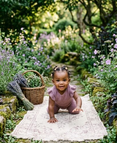 Baby Girl in a garden path lined with wildflowers and dark foliage — 200+ Witchy Girl Names With Dark, Magical Energy