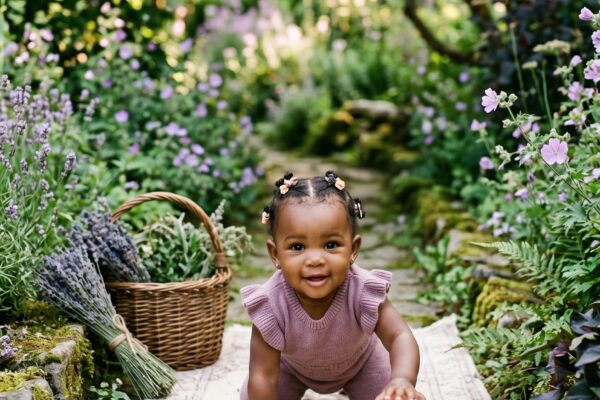 Baby Girl in a garden path lined with wildflowers and dark foliage — 200+ Witchy Girl Names With Dark, Magical Energy