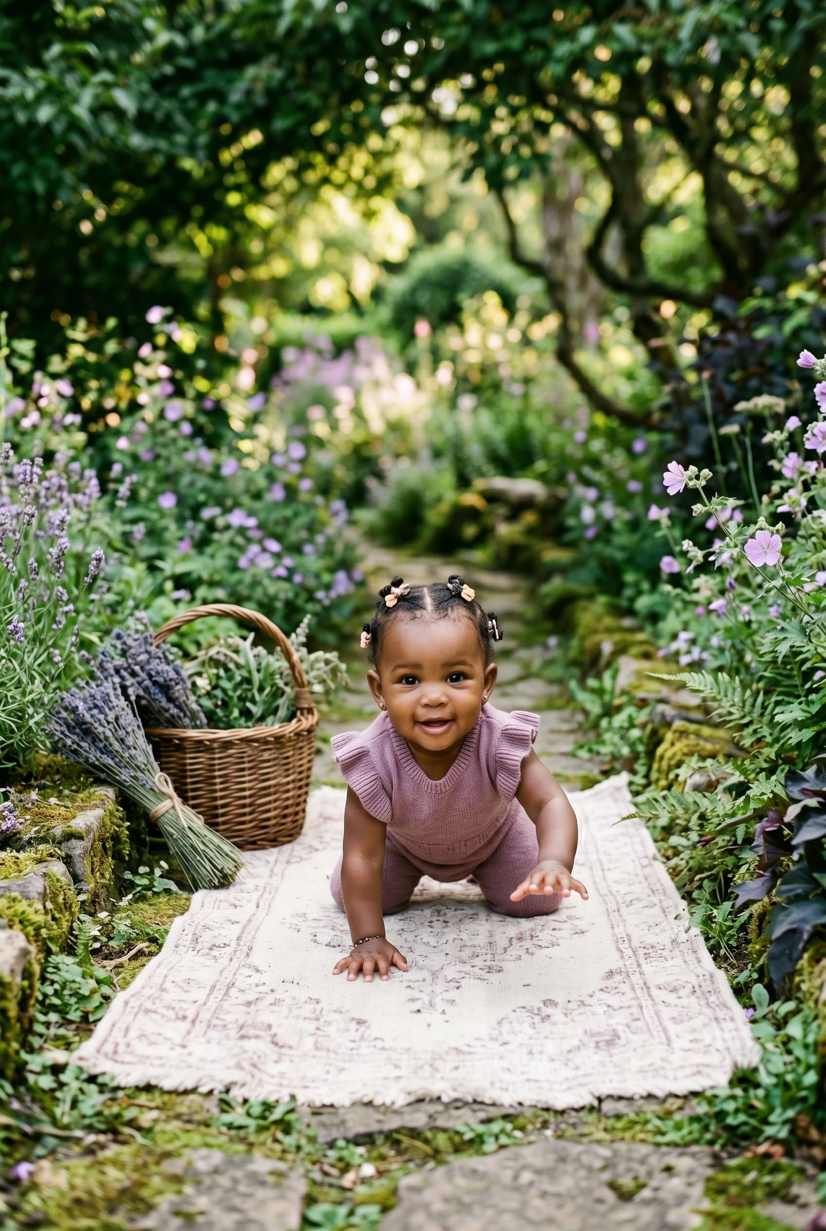 Baby Girl in a garden path lined with wildflowers and dark foliage — 200+ Witchy Girl Names With Dark, Magical Energy