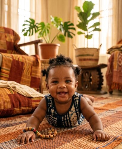 Baby Girl in a sun-filled room with Yoruba woven textiles and warm earth tones — 200+ Yoruba Baby Names Full of Meaning and Cultural Pride