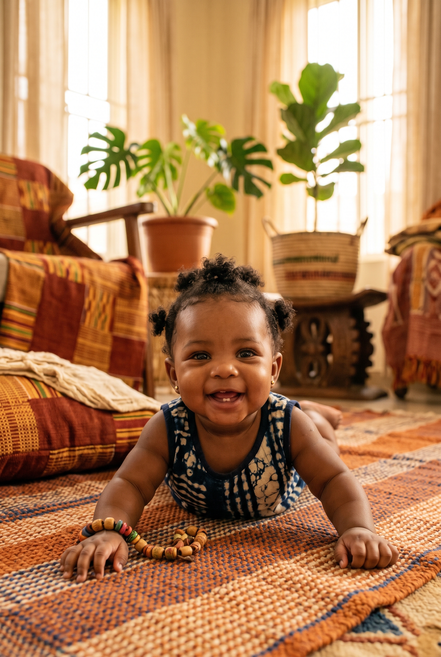 Baby Girl in a sun-filled room with Yoruba woven textiles and warm earth tones — 200+ Yoruba Baby Names Full of Meaning and Cultural Pride