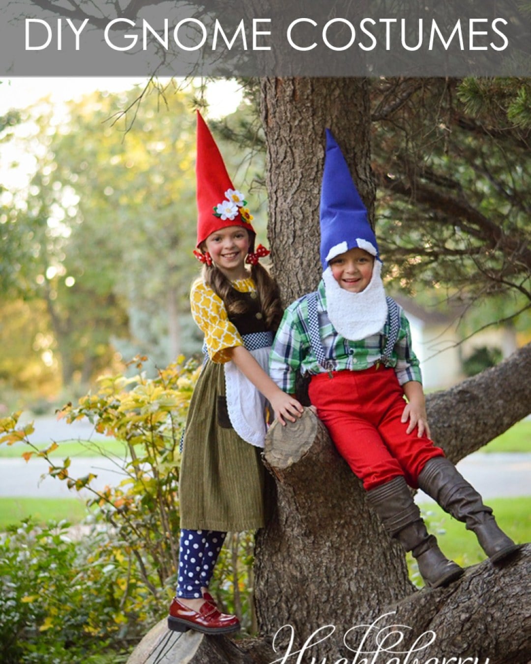 Kids dressed as garden gnomes in red conical felt hats, fuzzy white beards, and plaid shirts.