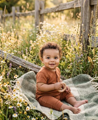 Baby Boy in a wildflower meadow with weathered wood in warm golden sunlight — 200+ Boho Hippie Boy Names for a Free-Spirited Kid