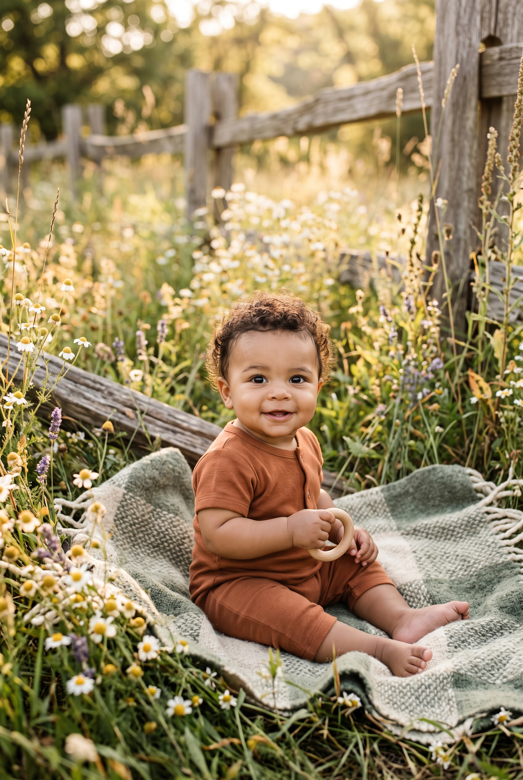 Baby Boy in a wildflower meadow with weathered wood in warm golden sunlight — 200+ Boho Hippie Boy Names for a Free-Spirited Kid
