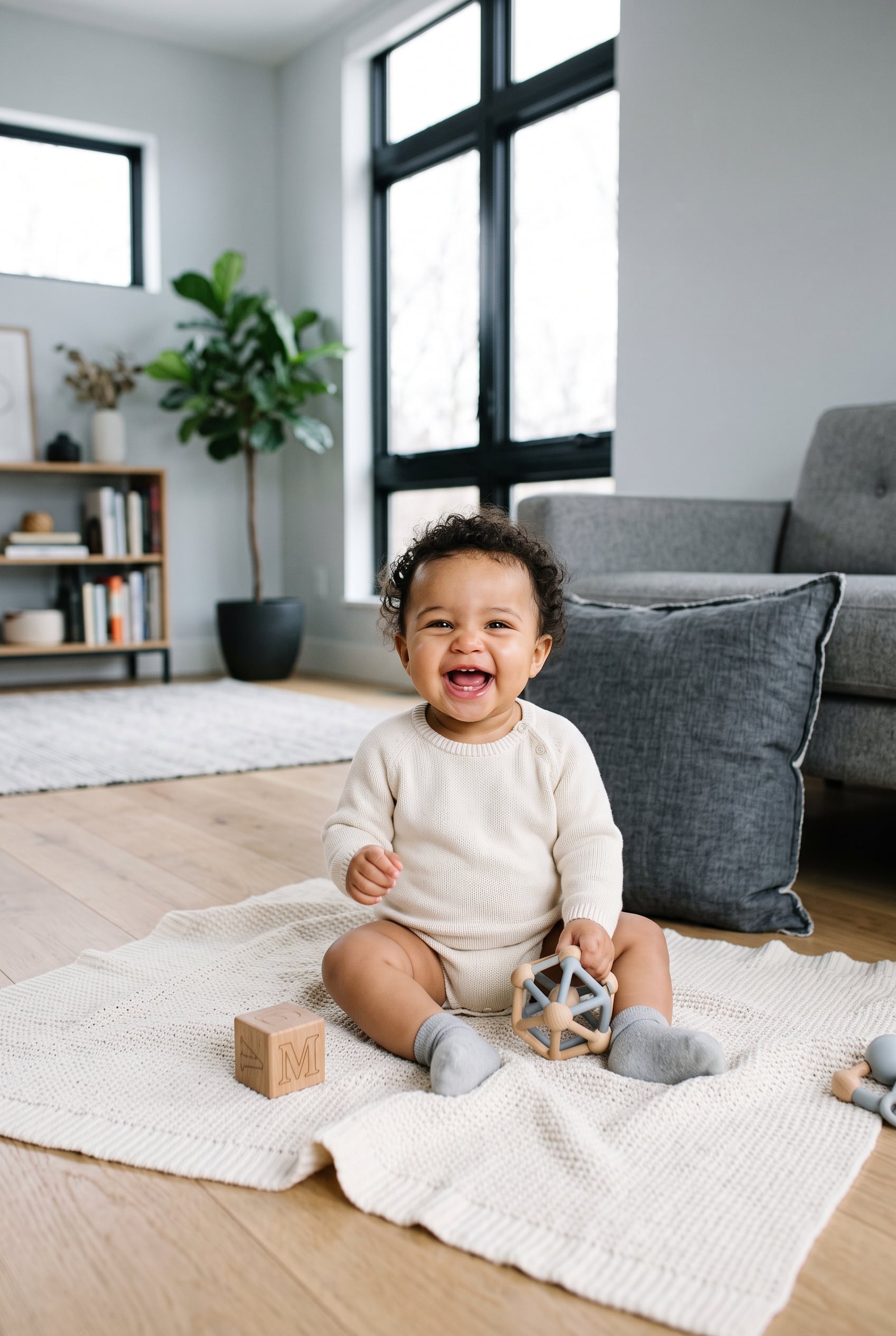 Baby Girl in a bright modern living room with clean lines and light — 200+ Cool Girl Names That Are Effortlessly Confident